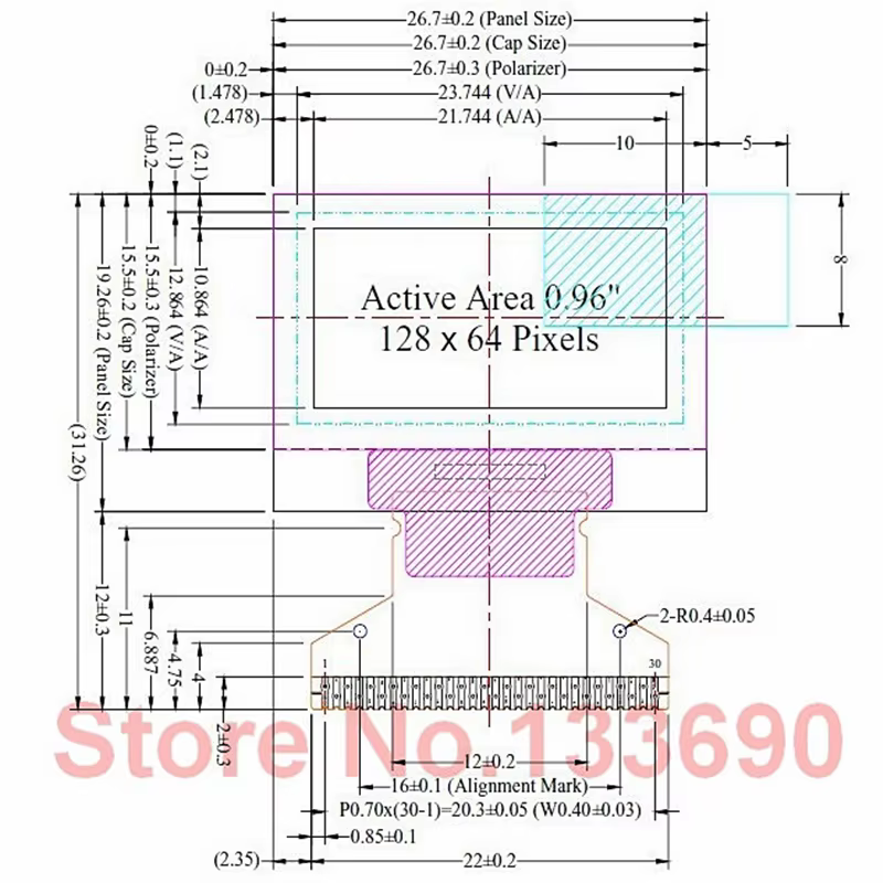 0.96 inch 30PIN White Colour OLED Screen SSD1306 Driver Parallel 3/4-Wire SPI Serial I2C IIC Port UG-2864HSWEG01